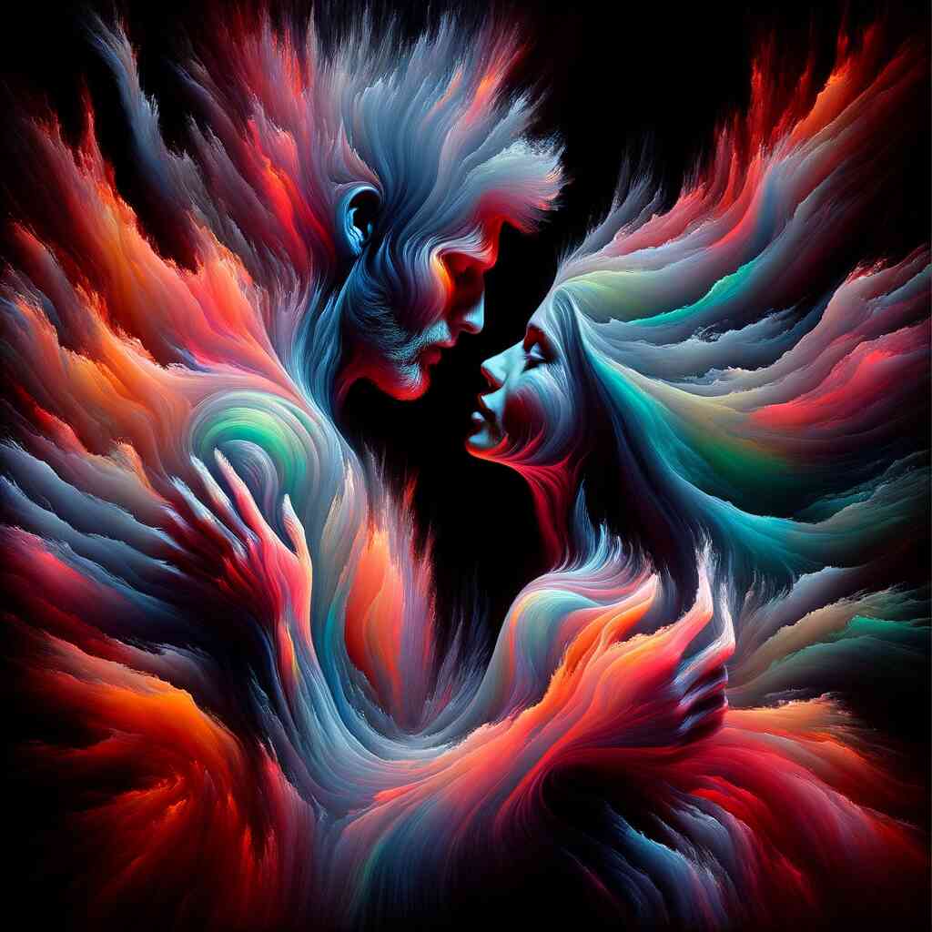 Abstract colorful painting of intertwined souls, titled "Seelenbegegnung im Farbrausch" from the Malen nach Zahlen collection.