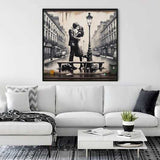 Painting of a couple in love kissing in Paris cityscape displayed above a modern white sofa in a stylish living room.