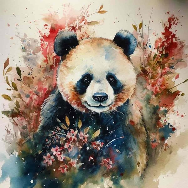 Malen nach Zahlen - Flauschiger Pandabär vor einem lebendigen Hintergrund aus Blumen und Farben, entspannende Wirkung von Malen.