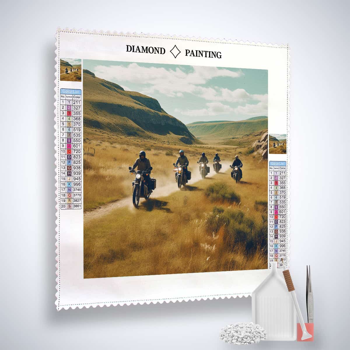 Diamond Painting Kit - Freiheit auf zwei Rädern, kit with canvas, acrylic diamonds, tweezers, and setzstift, showcasing bikers in open fields.
