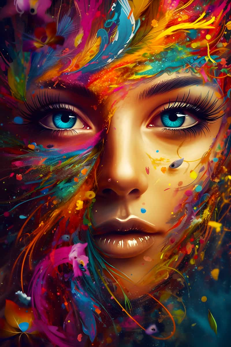Colorful painting of a woman's face with vibrant splashes of color and intense blue eyes.