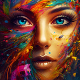 Colorful painting of a woman's face with vibrant splashes of color and intense blue eyes.