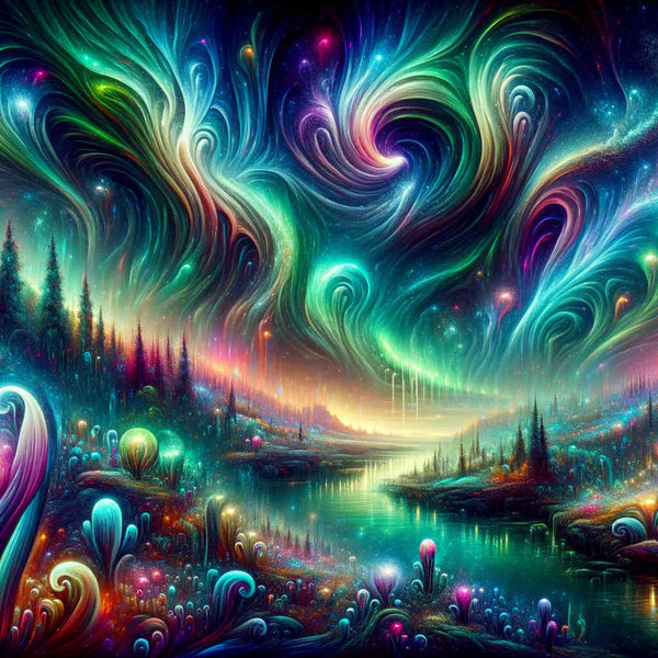 Gemälde von kosmischem Lebensfluss mit lebendigen Blau-, Grün- und Lilatönen und surrealen Pflanzen im fantastischen Stil