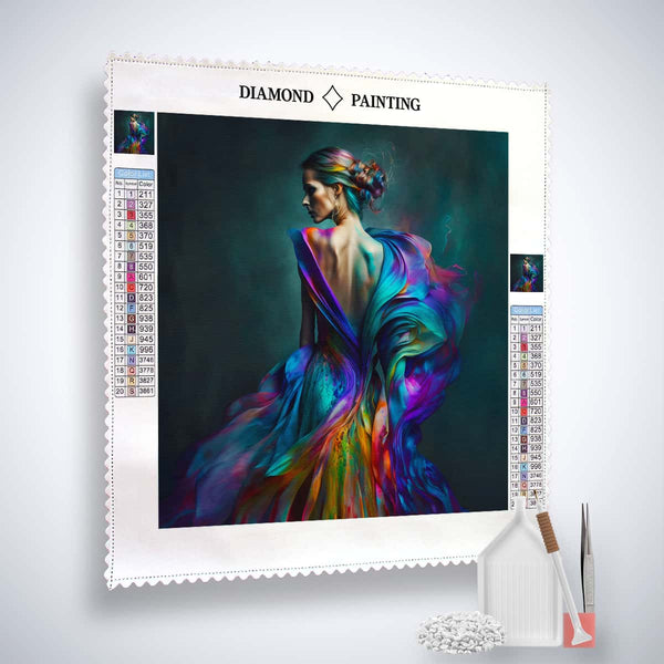 AB Diamond Painting Kit - Frau in buntem Kleid auf schwarzem Hintergrund, inklusive Leinwand, Acryl Diamonds, Pinzette und Setzstift