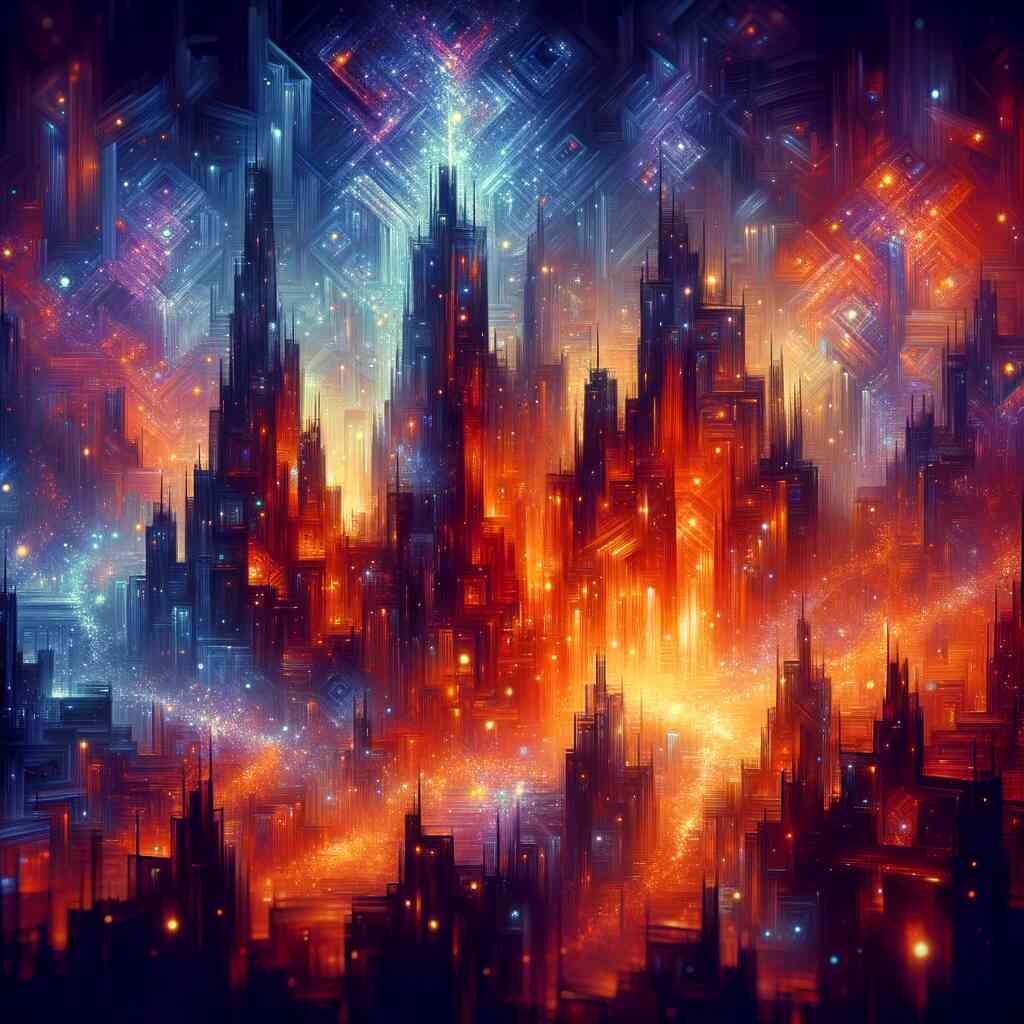 Abstrakte Stadt dargestellt in leuchtenden Orange- und Blautönen mit AB-Diamanten, Silhouetten von Wolkenkratzern und funkelnder Textur