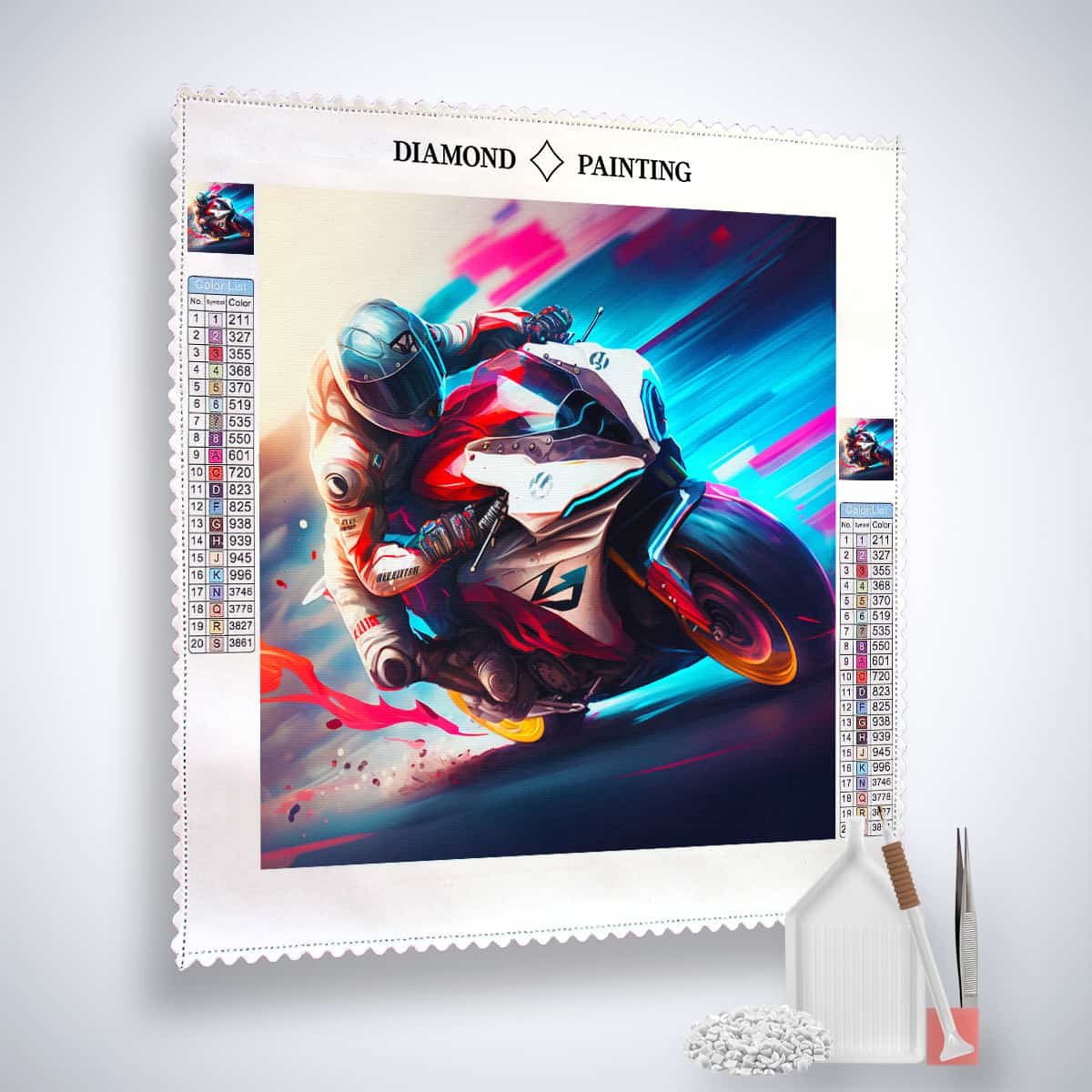 Diamond Painting Kit - Eleganter Tourer featuring motorcycle art, complete with acrylic diamonds, professional canvas, artist tools, and tweezers.