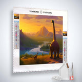 Diamond Painting Kit featuring a dinosaur scene in nature with acrylic diamonds, tweezers, and setting tools included.
