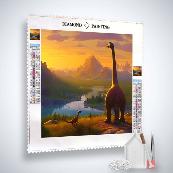 Diamond Painting Kit featuring a dinosaur scene in nature with acrylic diamonds, tweezers, and setting tools included.