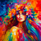 Colorful artistic portrait of a woman with vibrant hair and a floral crown, created as a paint-by-numbers artwork.