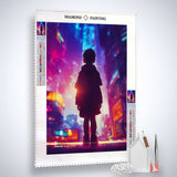 Diamond painting kit Junge blickt auf Stadt, enthält Leinwand, Diamonds, Pinzette und Setzstift, leuchtende Stadtlandschaft, Kunst die funkelt!