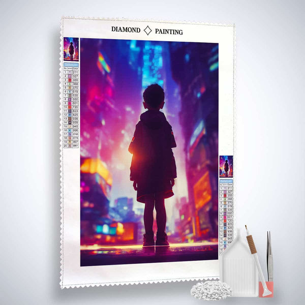 Diamond painting kit Junge blickt auf Stadt, enthält Leinwand, Diamonds, Pinzette und Setzstift, leuchtende Stadtlandschaft, Kunst die funkelt!