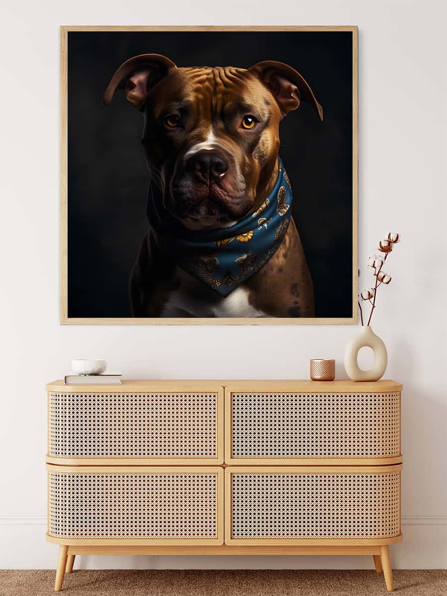Malen nach Zahlen - Harter Hund Bild über moderner Kommode, Hund mit blauem Halstuch, entspannende Wirkung von Malen nach Zahlen Kunst.