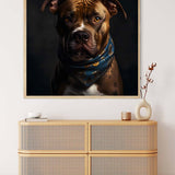 Malen nach Zahlen - Harter Hund Bild über moderner Kommode, Hund mit blauem Halstuch, entspannende Wirkung von Malen nach Zahlen Kunst.