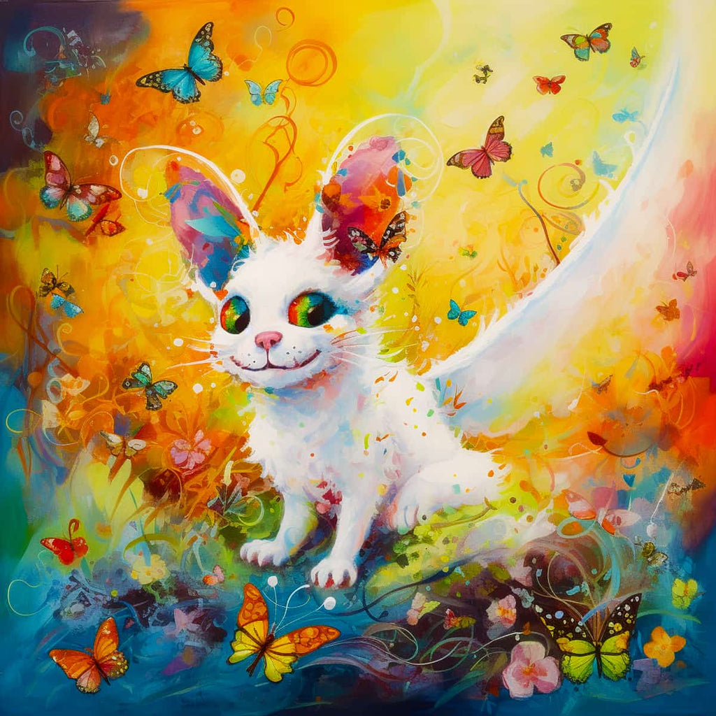 Whimsical white cat cartoon surrounded by colorful butterflies in a vibrant, dreamy landscape.