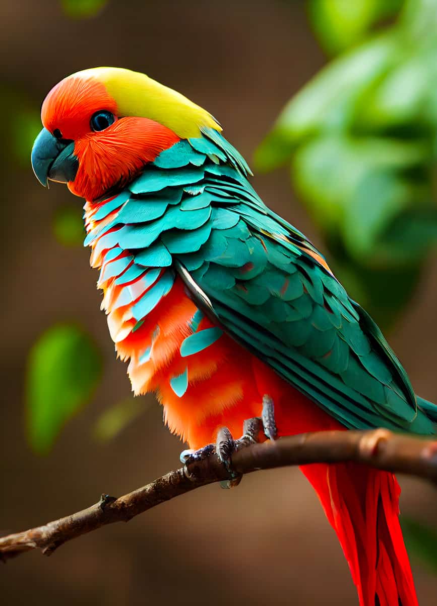 Bunter Vogel mit leuchtend grünen und orangefarbenen Federn auf Ast für AB Diamond Painting Kit
