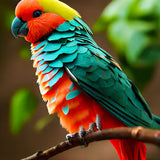 Bunter Vogel mit leuchtend grünen und orangefarbenen Federn auf Ast für AB Diamond Painting Kit