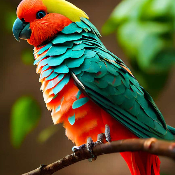 Bunter Vogel mit leuchtend grünen und orangefarbenen Federn auf Ast für AB Diamond Painting Kit
