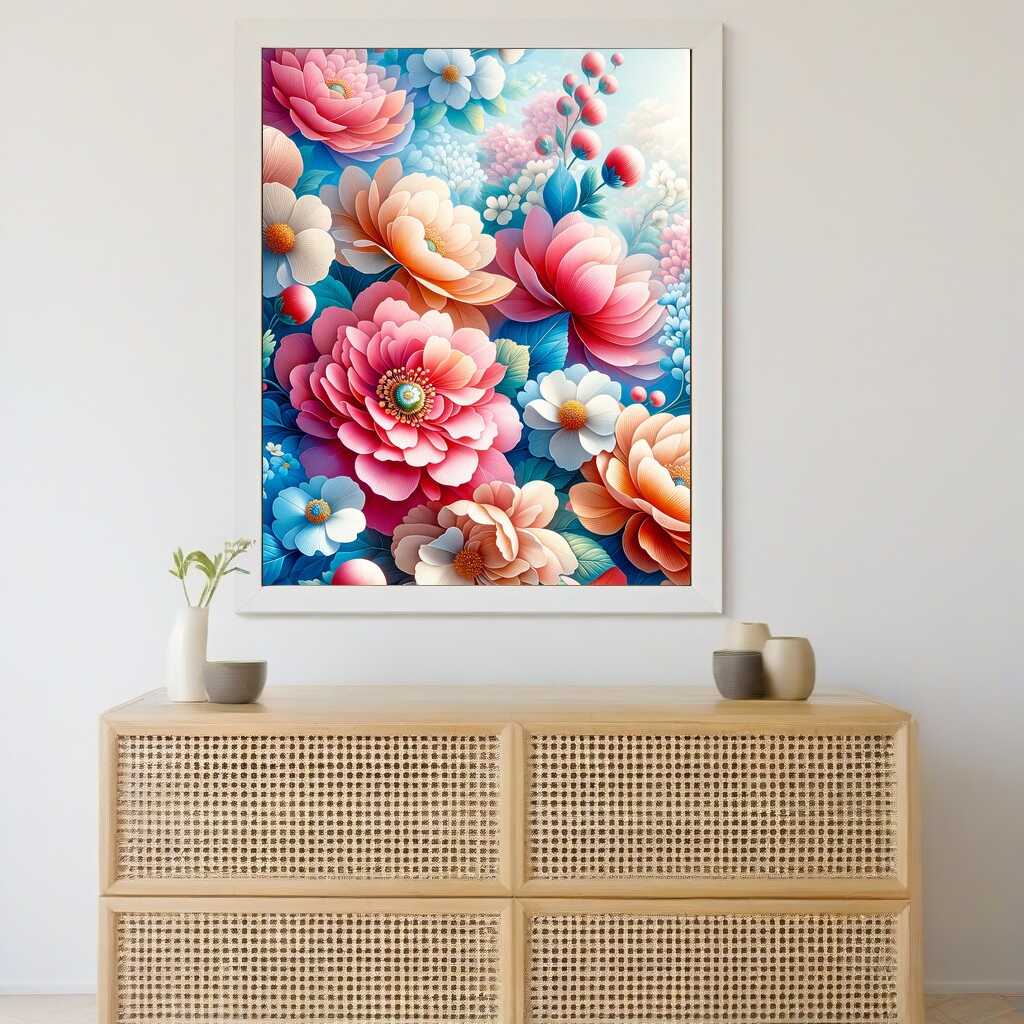 Malen nach Zahlen Blumenkollektion - bunte, florale Malerei in hellem Raum auf hellen Sideboard platziert, entspannende kreative Aktivität.