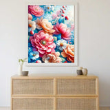 Malen nach Zahlen Blumenkollektion - bunte, florale Malerei in hellem Raum auf hellen Sideboard platziert, entspannende kreative Aktivität.