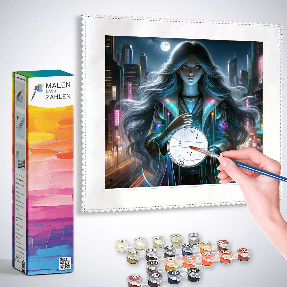 Painting by numbers kit - Moonlight Cyber-Diva, showing a hand painting a sci-fi woman holding a clock, with paint supplies included