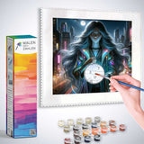 Painting by numbers kit - Moonlight Cyber-Diva, showing a hand painting a sci-fi woman holding a clock, with paint supplies included
