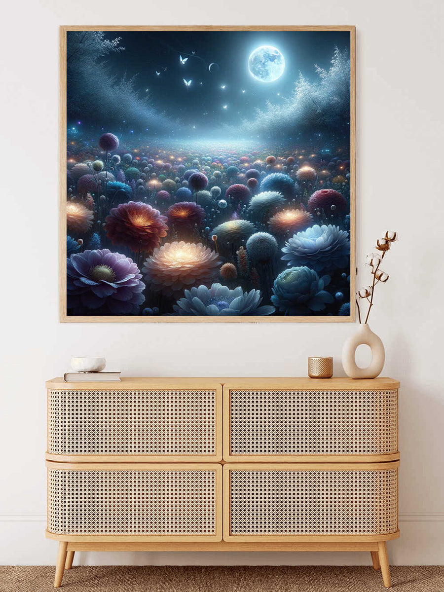 Malen nach Zahlen - Mondnacht im Zauberwald Gemälde mit einer magischen nächtlichen Waldszene auf einem Sideboard, ideales DIY Kunstset