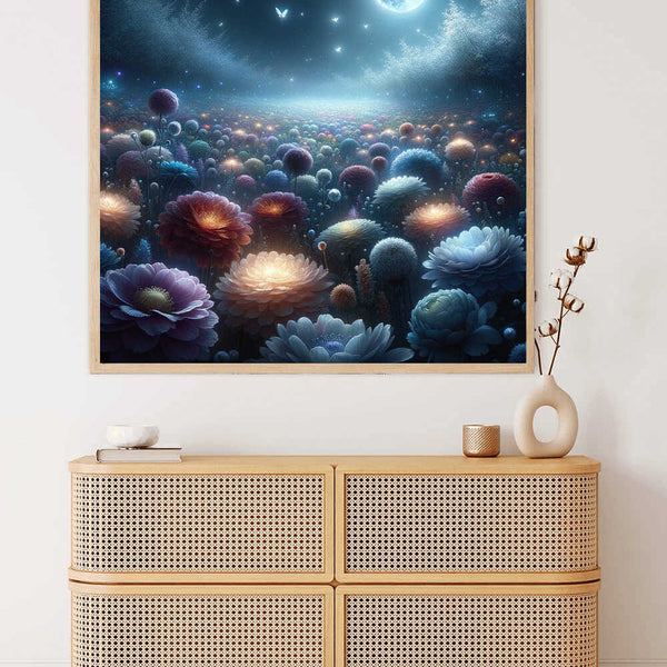 Malen nach Zahlen - Mondnacht im Zauberwald Gemälde mit einer magischen nächtlichen Waldszene auf einem Sideboard, ideales DIY Kunstset