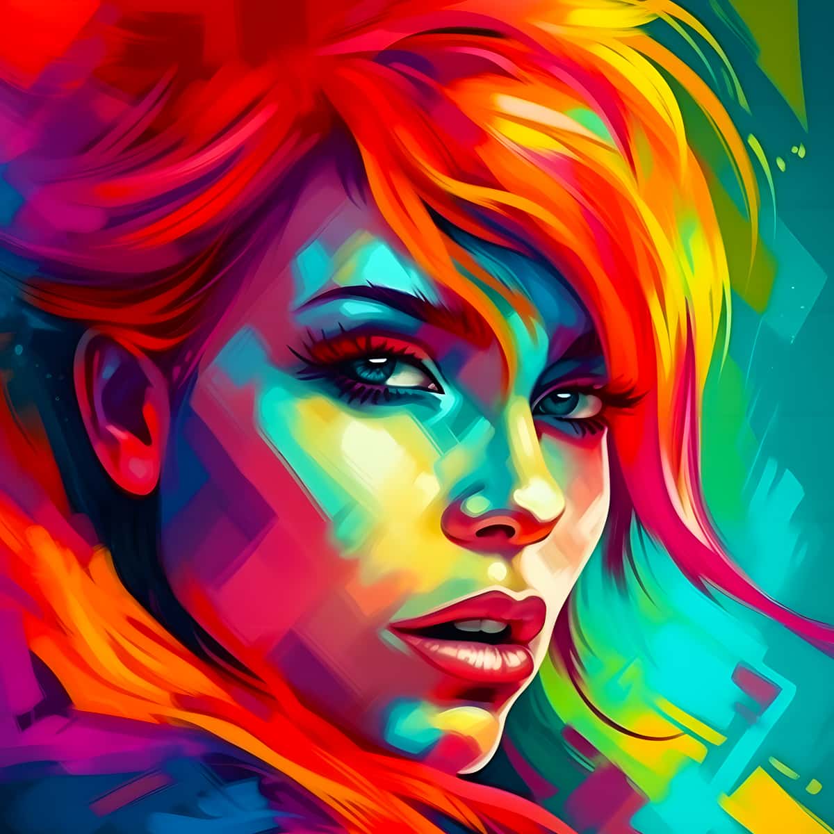 Abstract futuristic portrait of a woman with vibrant, multicolored hues in geometric patterns, titled "Malen nach Zahlen - Abstrakte Frau in der Zukunft."