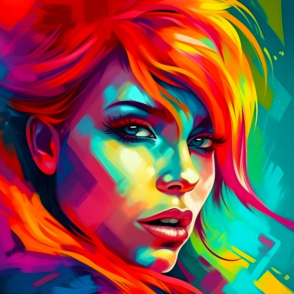 Abstract futuristic portrait of a woman with vibrant, multicolored hues in geometric patterns, titled "Malen nach Zahlen - Abstrakte Frau in der Zukunft."