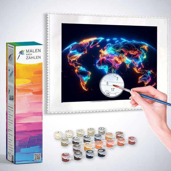 Malen nach Zahlen Set Leuchtende Kontinente mit heller Weltkarte, Neonfarben und Pinsel, perfekte DIY-Kunst für Geografie-Enthusiasten