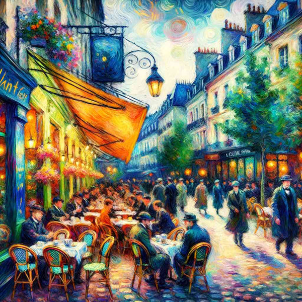 A vibrant painting of people dining outdoors at a colorful street cafe during an evening, with bright lighting and lively surroundings.