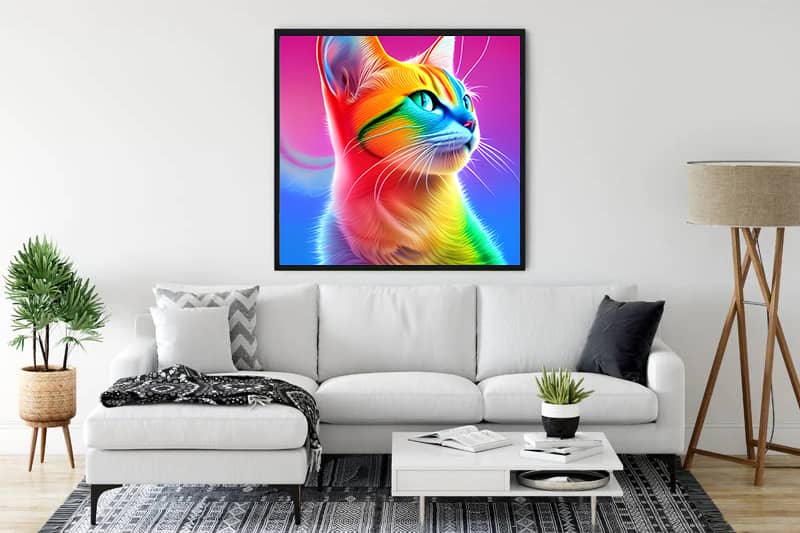 Living room with Diamond Painting Regenbogenkätzchen wall art, showcasing a colorful cat, available at Diamond Painting.de with free shipping.