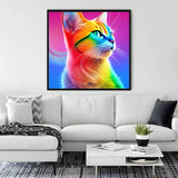 Living room with Diamond Painting Regenbogenkätzchen wall art, showcasing a colorful cat, available at Diamond Painting.de with free shipping.