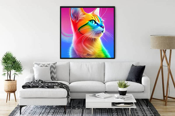 Living room with Diamond Painting Regenbogenkätzchen wall art, showcasing a colorful cat, available at Diamond Painting.de with free shipping.