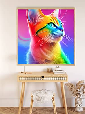 Diamond Painting Regenbogenkätzchen auf Leinwand über elegantem Holztisch, kostenloser Versand und bis zu 60% Rabatt, Diamond Painting.de