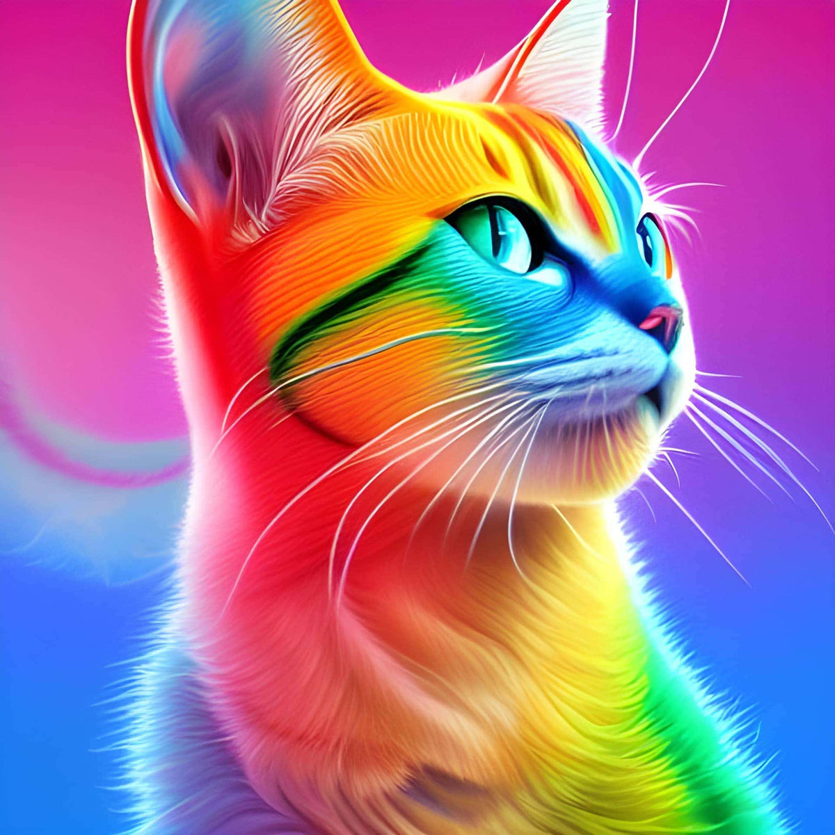 Colorful rainbow cat in a diamond painting art style with vibrant, multicolored fur on a bright background.