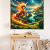 Painting of a fire unicorn leaping in a mystical forest under a sunset sky, part of the 