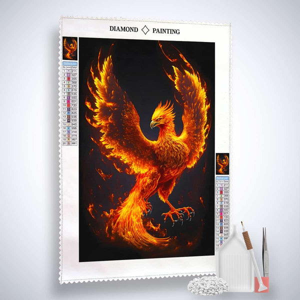 Diamond Painting Kit featuring a fiery Phoenix design with acrylic diamonds, professional canvas, and artist tools included.