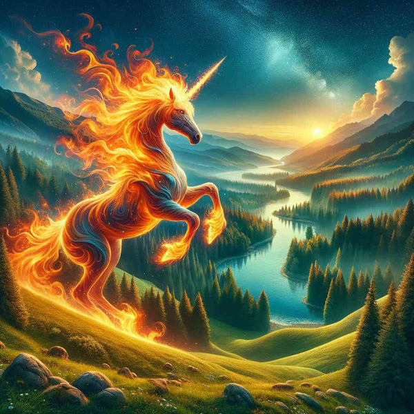 Painting by numbers Fire Unicorn scene with flaming unicorn in a lush green valley during sunset, blending art and relaxation