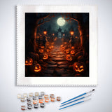 Paint by Numbers Halloween scene with glowing jack-o'-lanterns, a spooky path, full moon, paintbrushes, and paint pots.