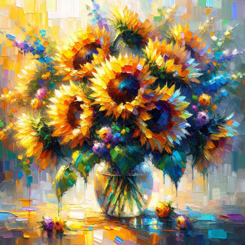 Bright and vibrant sunflower bouquet painting with rich colors and intricate textures reflecting light and creating a lively ambiance.