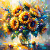 Bright and vibrant sunflower bouquet painting with rich colors and intricate textures reflecting light and creating a lively ambiance.
