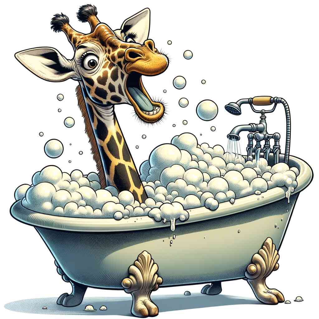 Giraffe enjoying a bubble bath in a vintage clawfoot tub for Malen nach Zahlen - Giraffenbad der Heiterkeit.