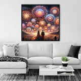 Modern living room with Malen nach Zahlen - Feuerwerk der Gefühle painting on the wall, featuring a couple watching fireworks.