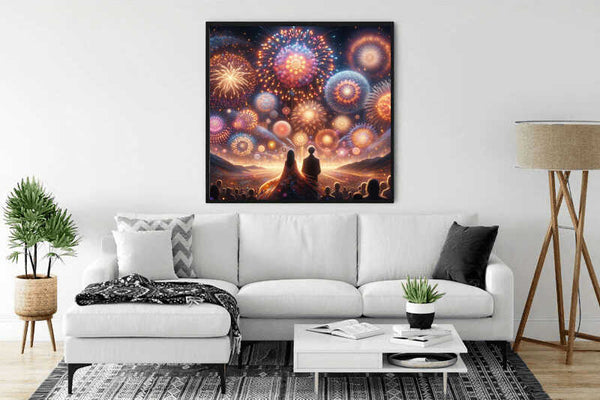Modern living room with Malen nach Zahlen - Feuerwerk der Gefühle painting on the wall, featuring a couple watching fireworks.