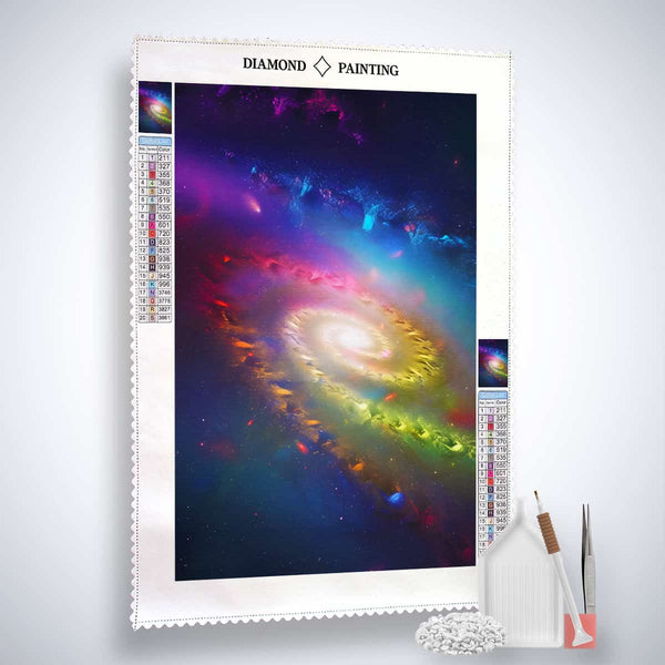 Diamond Painting Kit Weltall Kreisel with canvas, acrylic diamonds, tweezers, and setzstift featuring a vibrant nebula design