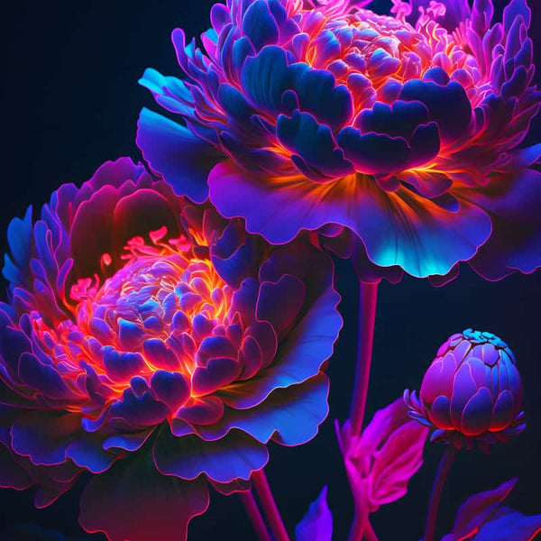 Vibrant diamond painting of radiant flowers in neon colors with intricate acrylic diamonds and a professional canvas background.