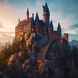 Diamond Painting - Fantasy Schloss auf Profi-Leinwand mit schimmernden Acryl Diamonds; atemberaubender Schlosspanorama bei Sonnenuntergang.
