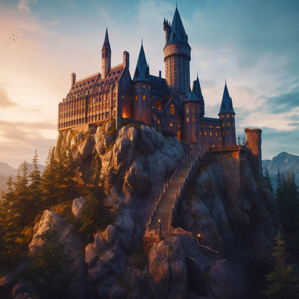 Diamond Painting - Fantasy Schloss auf Profi-Leinwand mit schimmernden Acryl Diamonds; atemberaubender Schlosspanorama bei Sonnenuntergang.