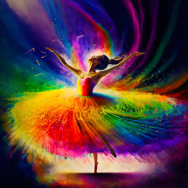AB Diamond Painting Farbzauber Ballerina - Funkelnde Tänzerin in Regenbogenfarben, strahlend und elegant, farbenfrohes Kunstwerk